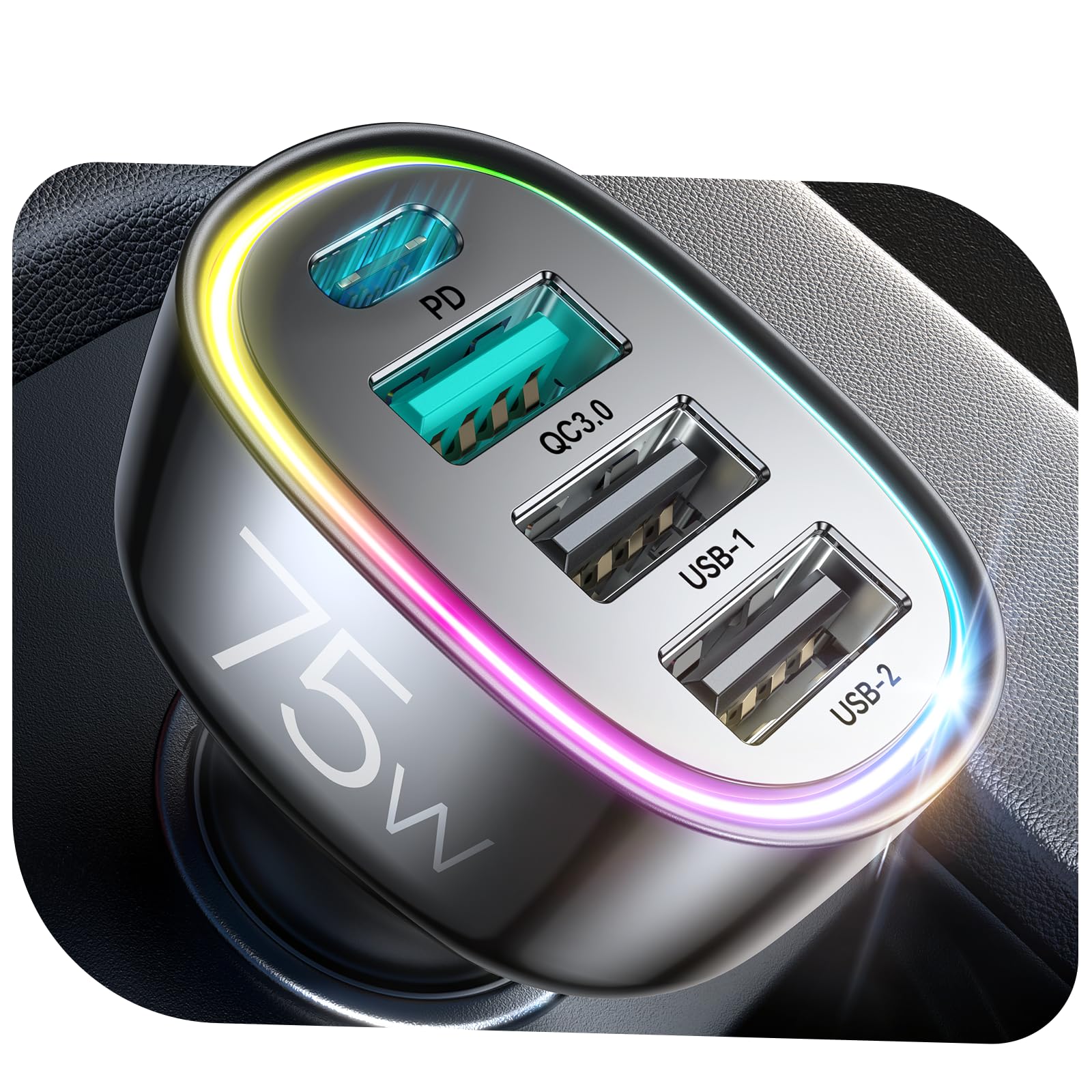 75W 4-Port USB C Car Charger Fast Charging Adapter - Compatible with iPhone 16/15/14/13 Series, Samsung Galaxy S25/S24 Ultra, iPad Air & Google Pixel - Perfect for Road Trips, Commuting & Multi-Device Charging in Your Vehicle