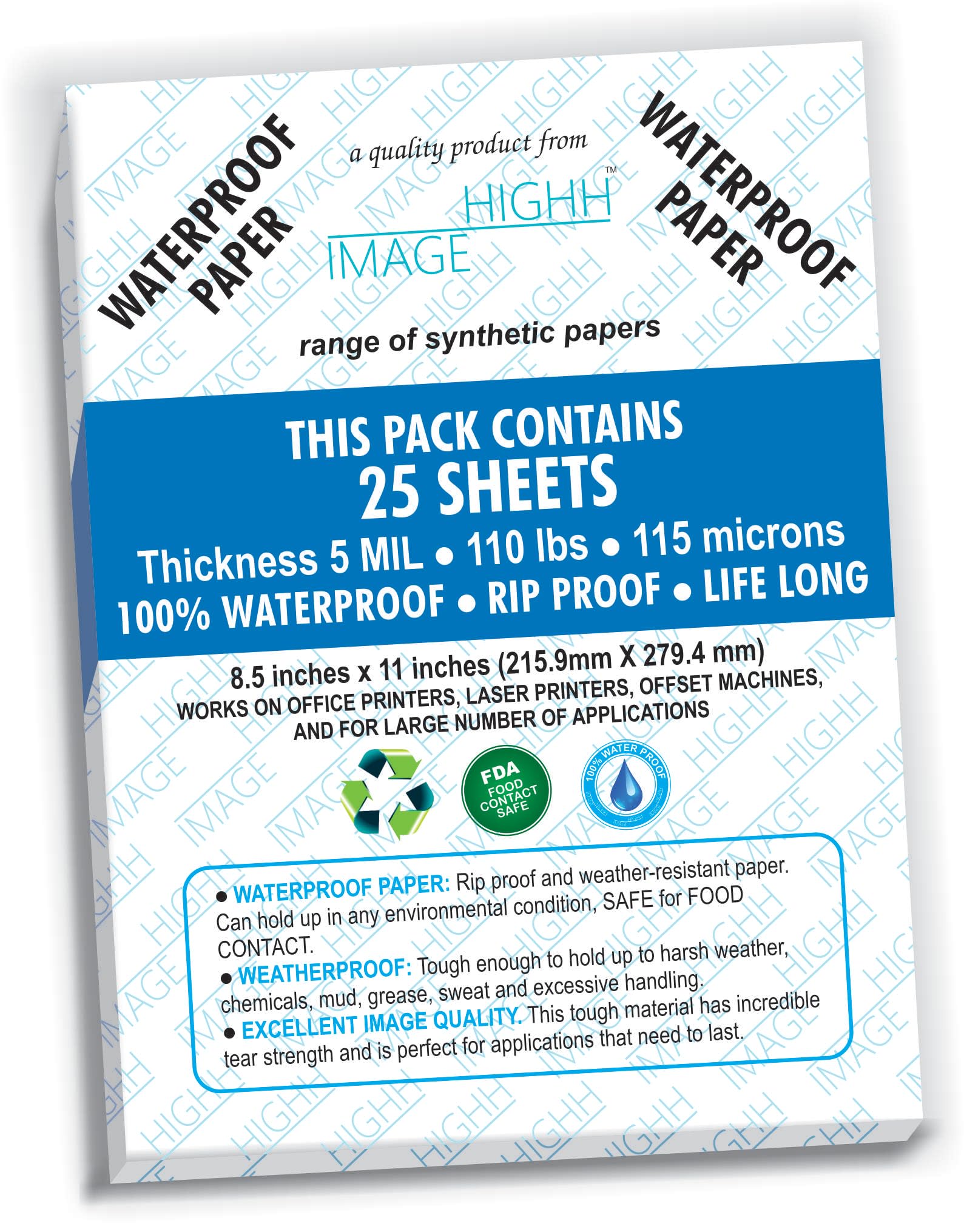Waterproof 8.5x11 Paper - 5 MIL Thick 110 LB Non-Tear Laser Printer Paper (25 Sheets) - Ideal for Outdoor Maps, Boat Charts & Waterproof Documents