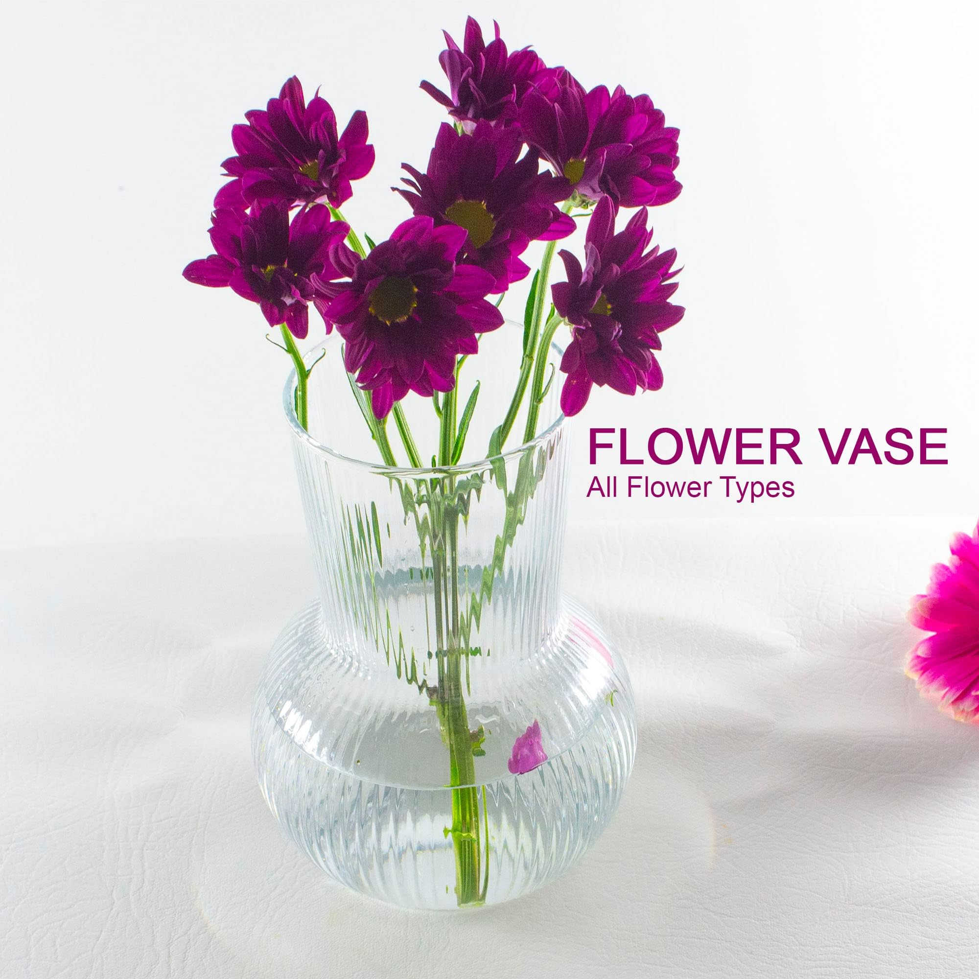 Elegant Ribbed Glass Vase - 17cm (6.6 Inch) Flower Vase for Roses, Tulips, Peonies & Daffodils - Perfect for Home Decor, Wedding Centerpieces & Tabletop Arrangements