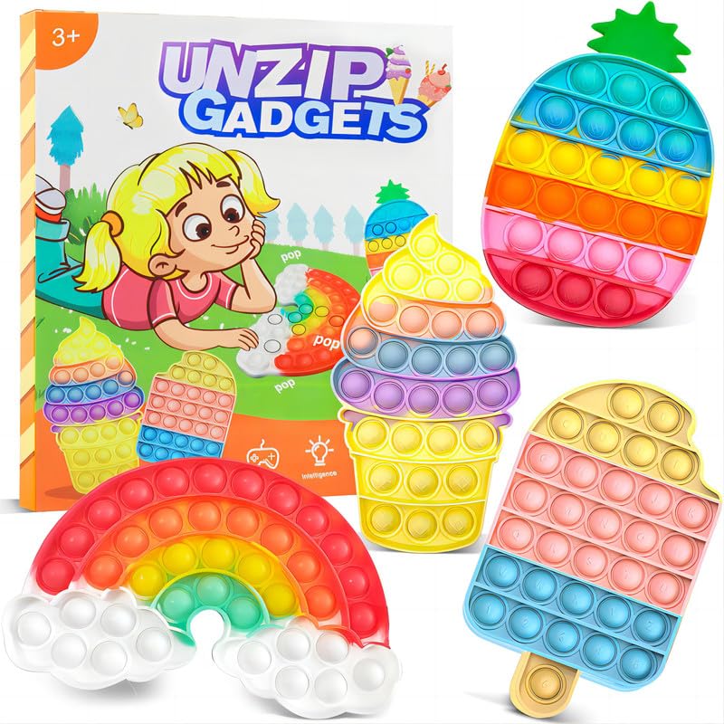 4 Pack Rainbow Push Bubble Fidget Sensory Toys for Kids - Ice Cream & Pineapple Squeeze Stress Relief Toys for ADHD, Autism, Anxiety - Perfect for Classroom, Travel & Calming Gifts for Girls & Boys