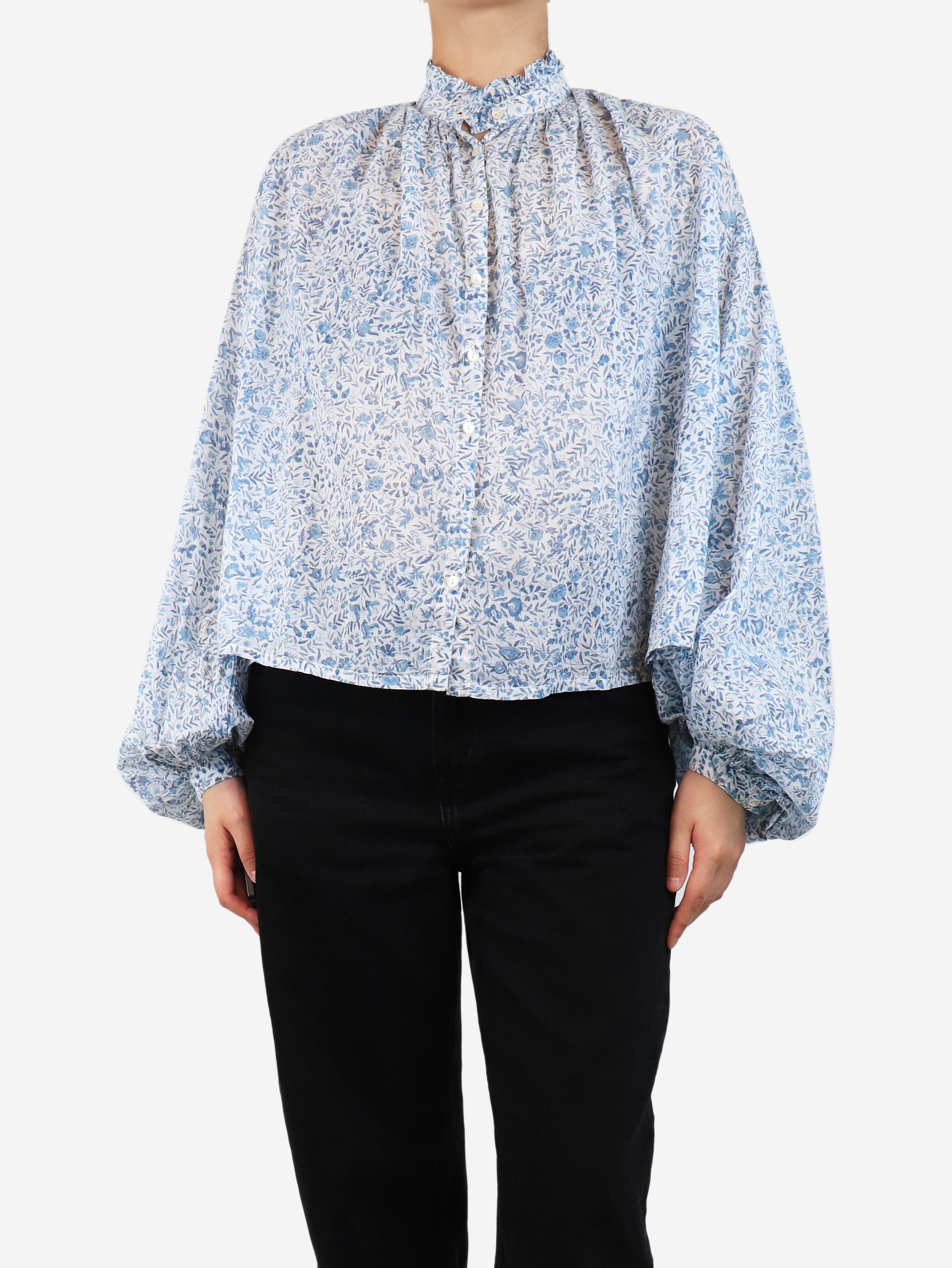 Blue Floral Blouse for Women Size S - Elegant Spring Summer Casual Top for Office, Date & Vacation
