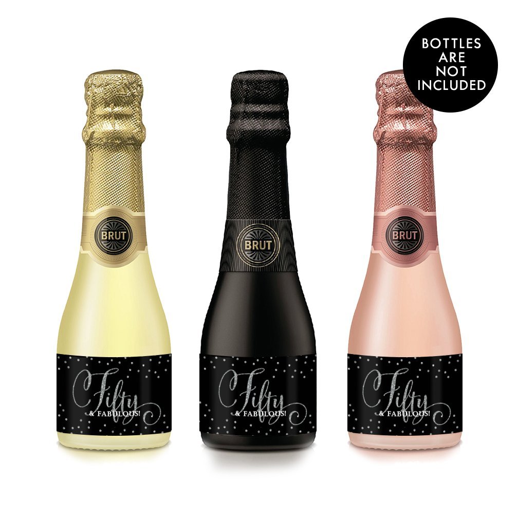 50th Birthday Gift Ideas for Women - Set of 20 'Fifty & Fabulous' Mini Champagne & Wine Bottle Labels - Perfect for Mom, Wife, Sister, Friend or Coworker - Great for Birthday Parties, Celebrations & Decorations