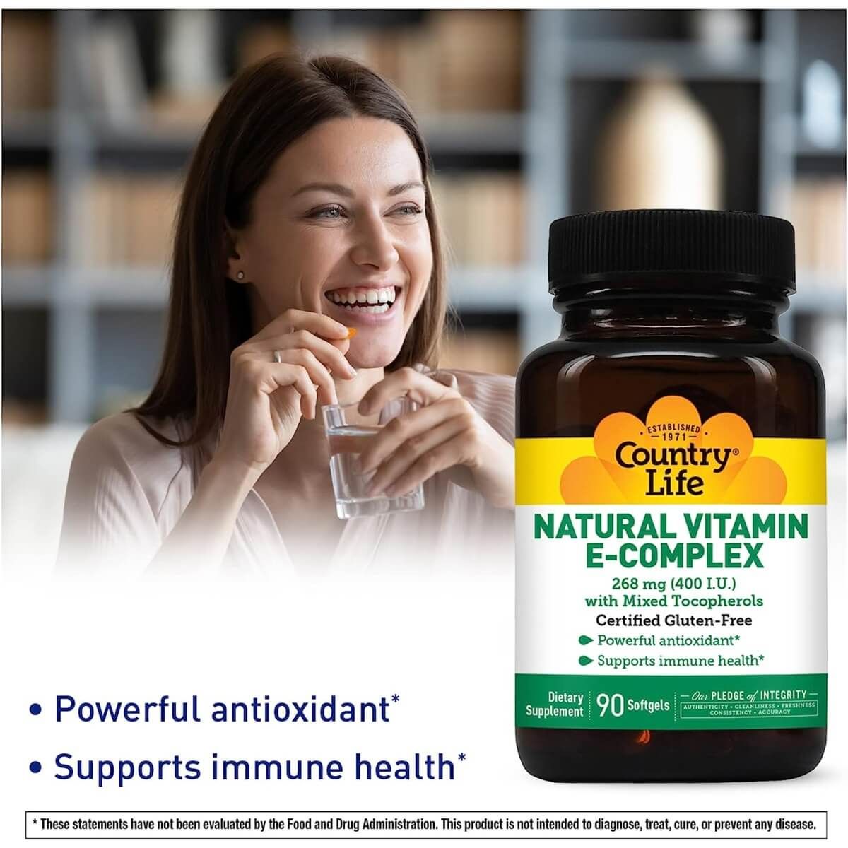 Country Life Vitamin E Complex 400 IU - 90 Softgels for Immune Support & Skin Health - Antioxidant Supplement for Daily Wellness & Heart Health