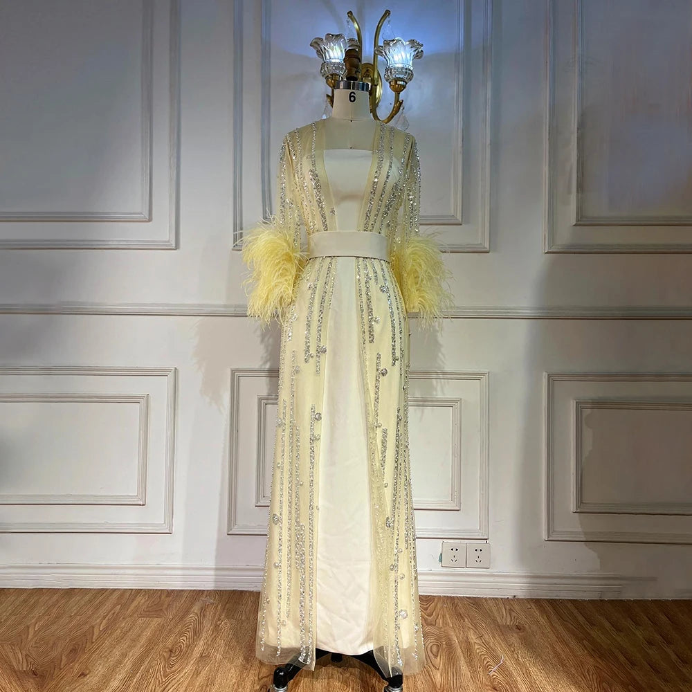 Elegant Light Yellow Feather Evening Gown for Wedding, Party, Prom - LA71759 | Perfect for Bridesmaids, Formal Events & Special Occasions