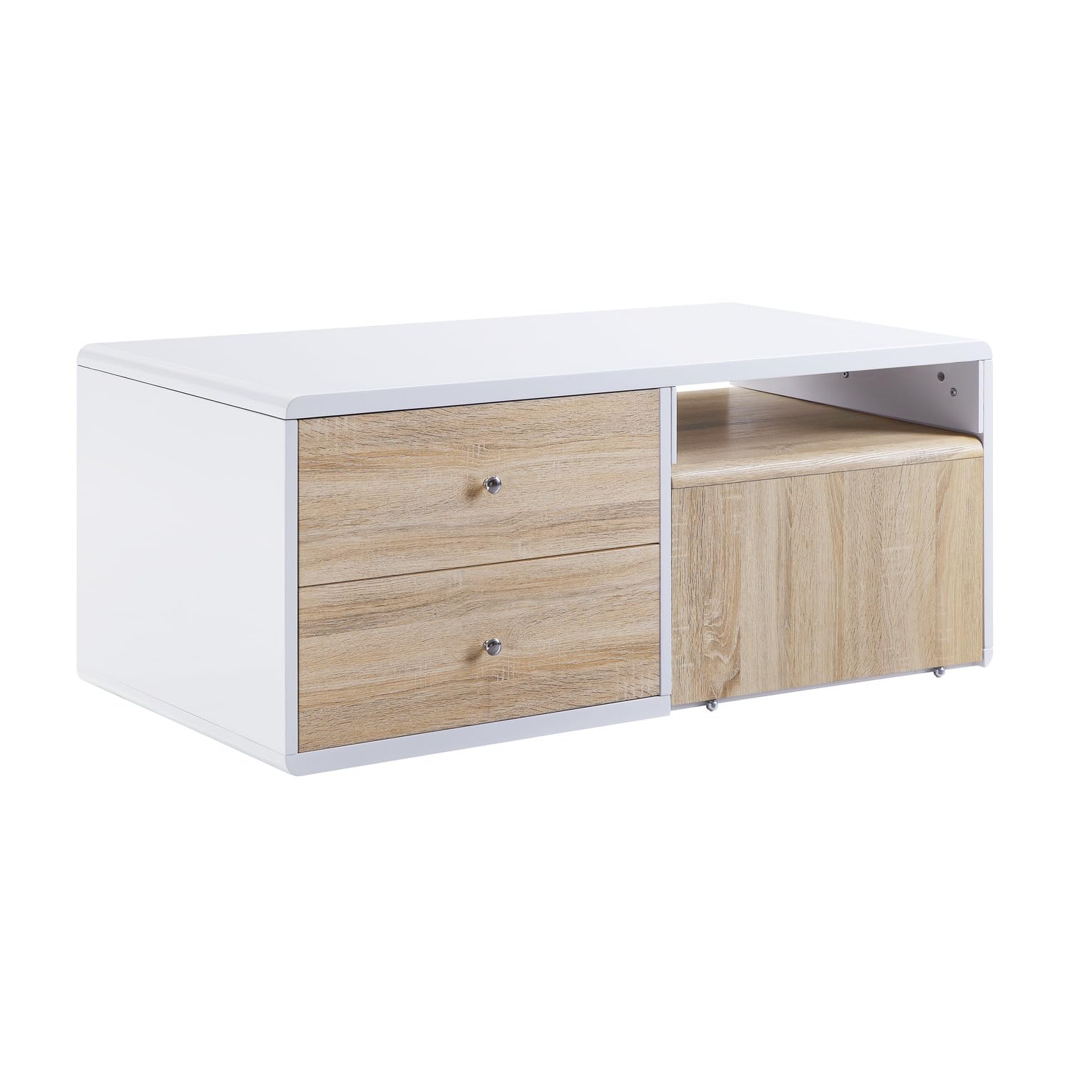 Benjara 2-Drawer Modern Coffee Table with Pull-Out Shelf - White & Brown Finish - Perfect for Living Room, Lounge & Small Space Furniture