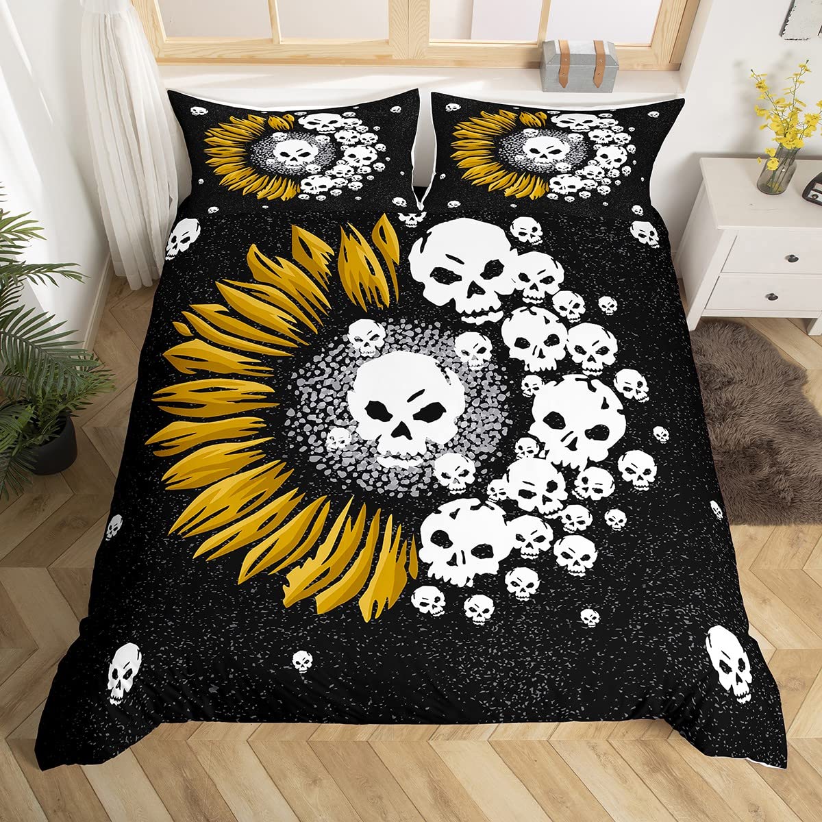 Castle Fairy Skull Skeleton Duvet Cover Set Twin Size - Yellow Sunflowers Print Gothic Floral Bedding with 1 Pillowcase | Abstract Comforter Cover for Kids & Boys Bedroom Decor | Perfect for Halloween, Gothic Themed Rooms & Unique Teen Gifts