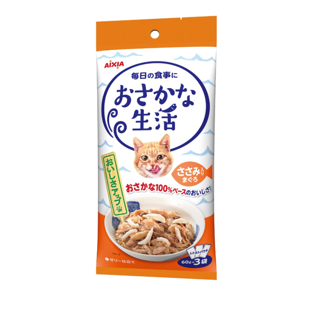 24-Pack Aixia Fish & Meat Life Wet Cat Food - 60g x 3 Skipjack Tuna, White Meat with Jelly, Chicken & Beef Formula - High Protein Meal for Adult & Senior Cats - Perfect for Picky Eaters & Daily Feeding