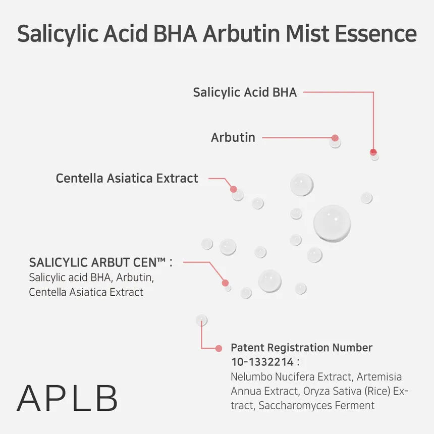 APLB Salicylic Acid BHA & Arbutin Facial Mist Essence 105ml - Hydrating & Brightening Toner for Acne-Prone Skin, Dark Spot Treatment, Korean Skincare
