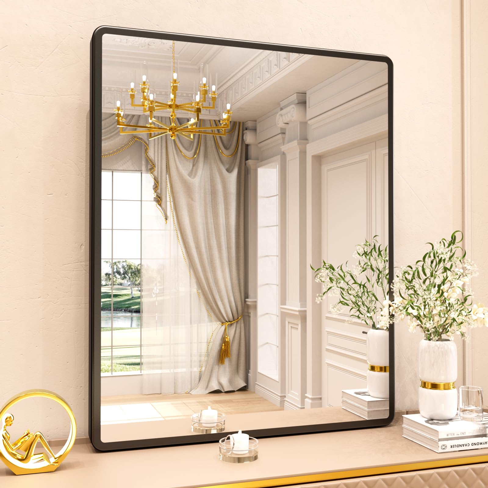 40x32 Inch Black Metal Frame Wall Mounted Bathroom Mirror - Rounded Rectangle Vanity Mirror with Tempered Glass for Bathroom, Bedroom & Living Room | Perfect for Modern Home Decor, Makeup Station & Space Enhancement