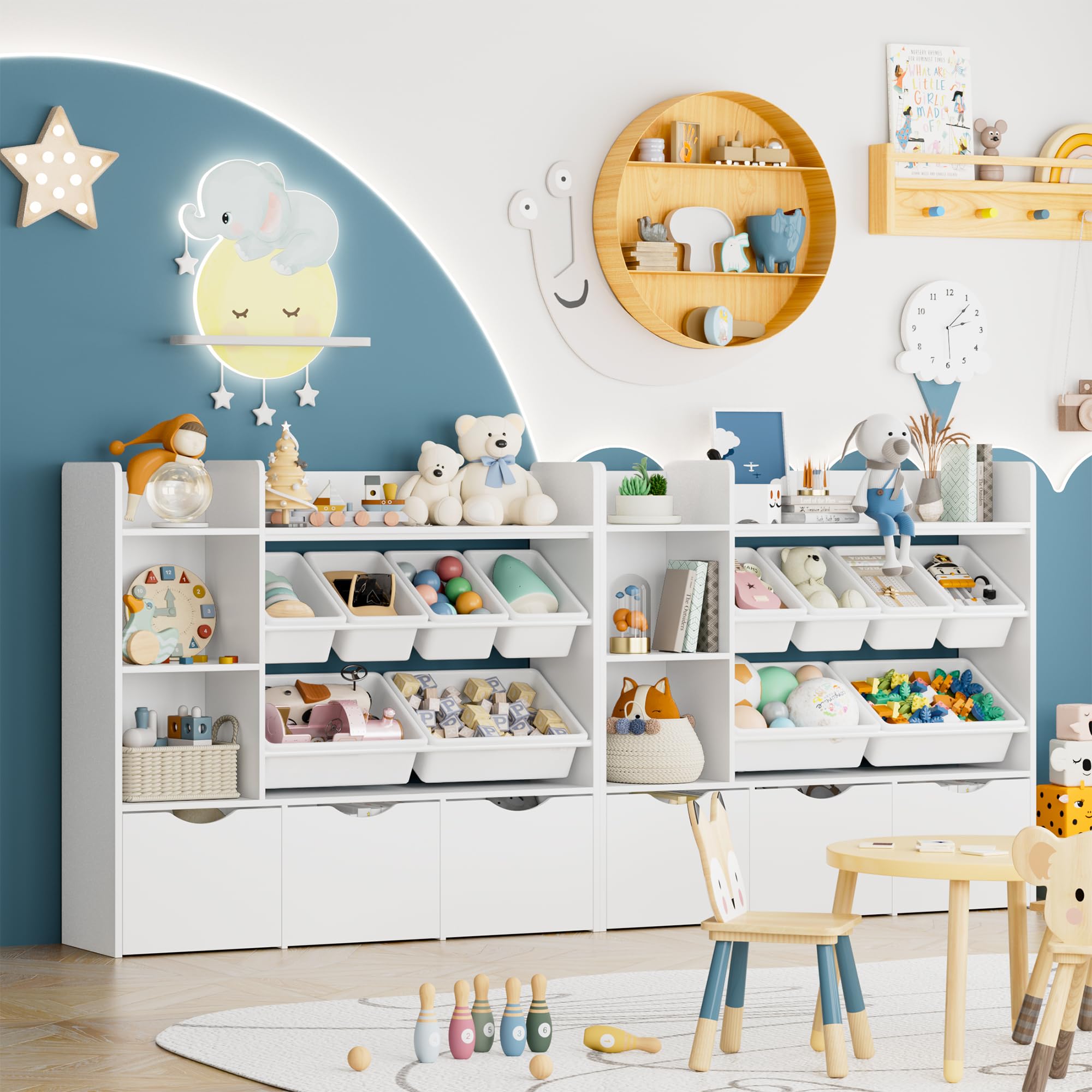 3-Tier Kids Toy Storage Organizer with 6 Plastic Bins & 2 Cubbies - Movable Drawers, Bookshelf & Hidden Wheels - White Toy Chest for Playroom, Classroom & Home Organization