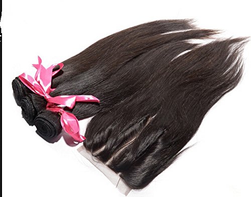 **DaJun Hair 7A Grade 3-Part 4x4 Lace Closure with Premium Mongolian Remy Human Hair - 3 Bundles Mixed Length (4Pcs Set) - Natural Straight & Color for Sew-In Weave, Wig Making & Styling**