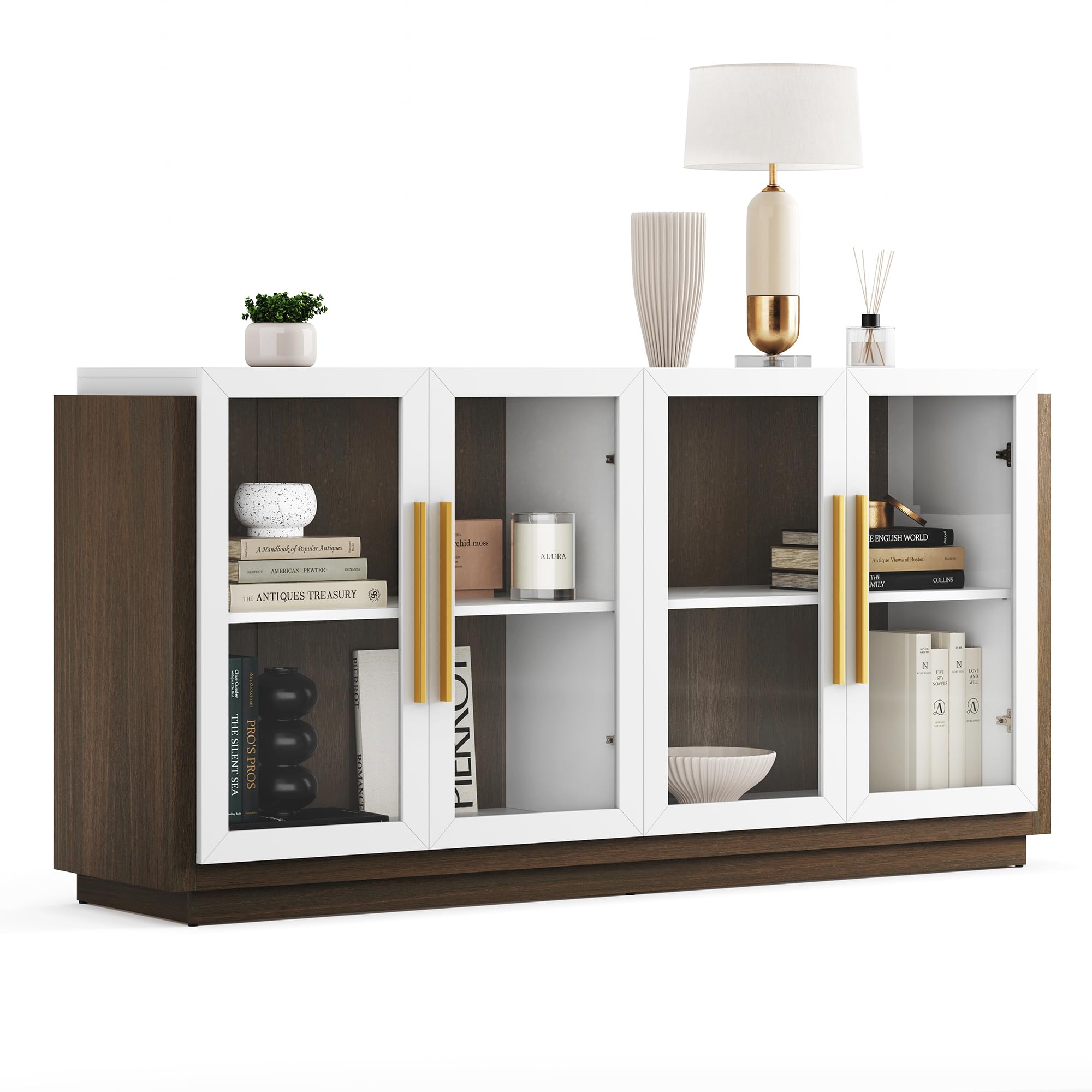 BELLEZE Modern Sideboard Buffet Cabinet with Glass Doors & Storage - White Wood Console Table for Kitchen, Dining Room, Living Room, Hallway or Entryway | Perfect for Home Organization & Stylish Display (Brixston Collection)