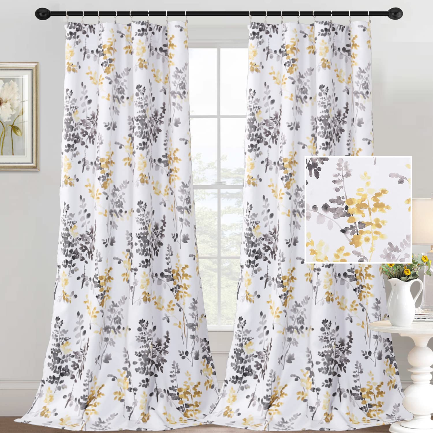 H.VERSAILTEX Floral Curtains 95 Inches Long - Blackout Printed Window Curtain Panels with Rod Pocket, Classic Grey & Yellow Floral Pattern for Bedroom & Living Room (Set of 2) - Perfect for Light Control & Home Decor