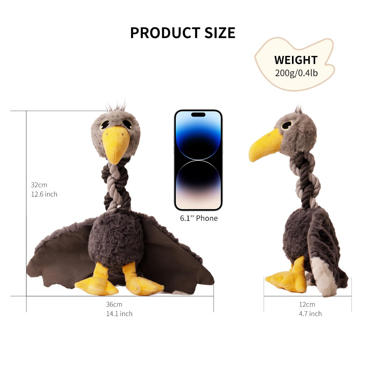 Durable Squeaky Dog Toys for Large & Medium Breeds - Crinkle Paper & Rope Chew Toys for Puppies & Aggressive Chewers, Soft Plush Tug Toy for Teething Relief (Grey Bird) - Perfect for Playtime, Training & Dental Health