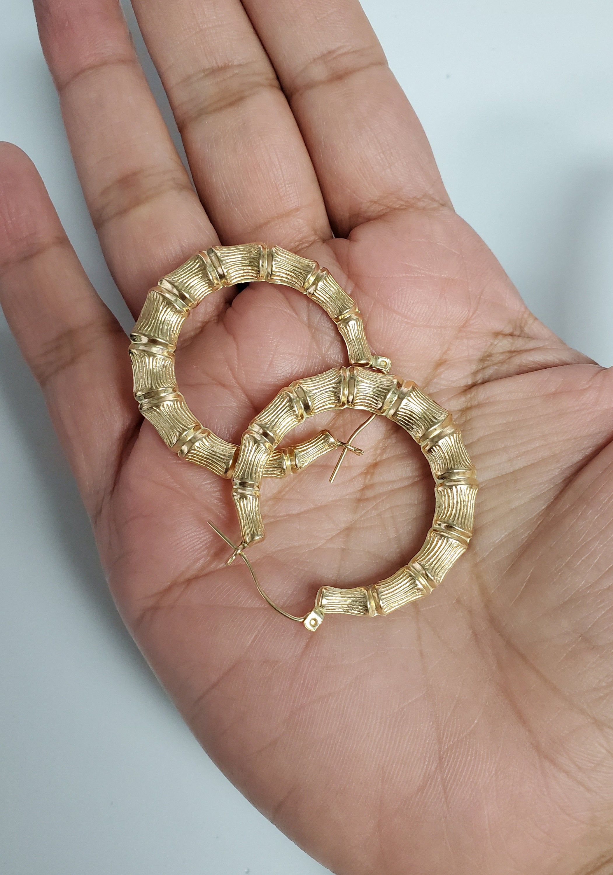 38MM 14K Yellow Gold Bamboo Hoop Earrings for Women - Elegant Everyday & Party Jewelry Gift
