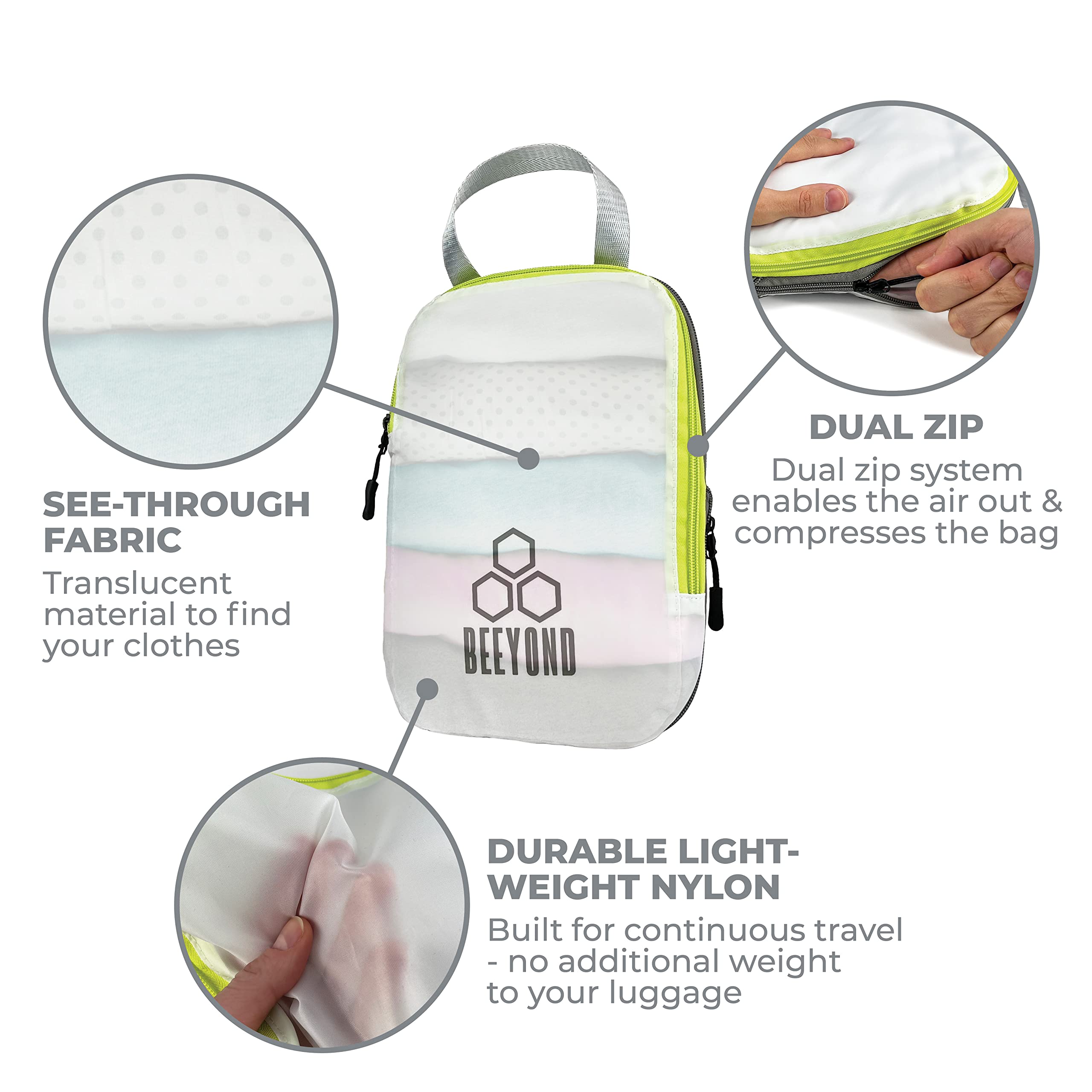 Beeyond 6-Piece Compression Packing Cubes Set for Travel - Large & Small Organizer Bags with Accessory Pouch & Laundry Bag | Perfect for Suitcase Organization, Business Trips & Family Vacations