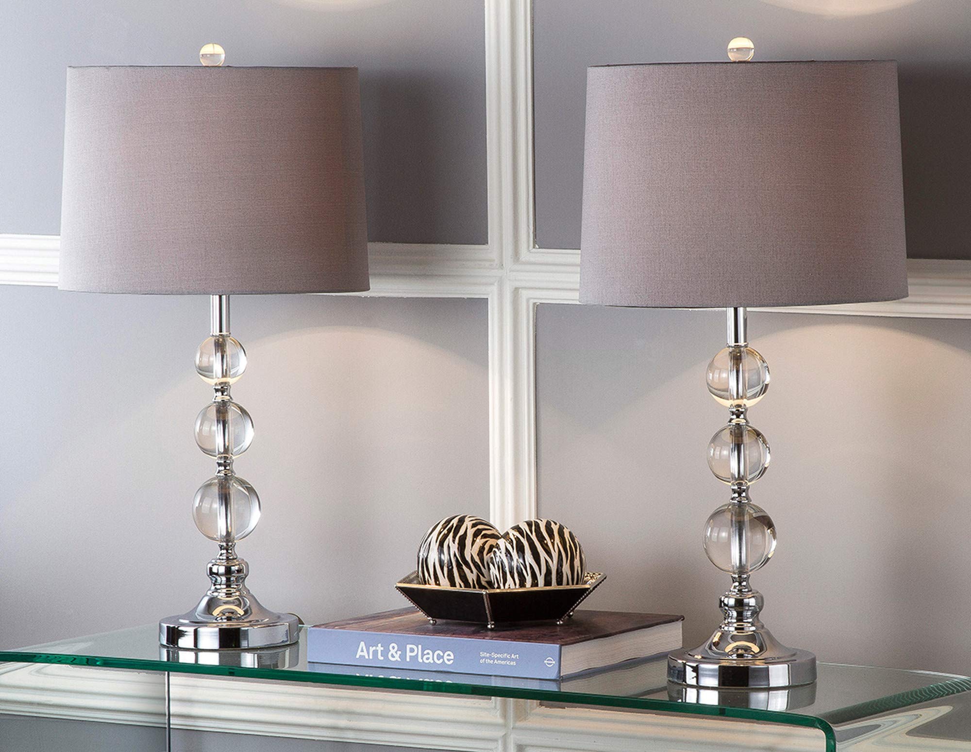 SAFAVIEH Keeva Modern Crystal Ball Table Lamp Set of 2 with Grey Shade - 27 Inch LED Bedside Lamp for Bedroom, Living Room, Home Office & Nightstand (Bulbs Included) | Elegant Lighting for Reading, Relaxation & Home Decor