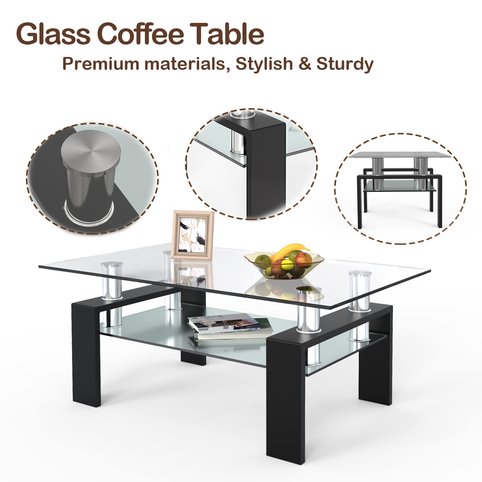 NAFORT Modern 2-Tier Rectangle Coffee Table with Tempered Glass Top & Sturdy Metal Legs - Living Room Center Table with Storage Shelf | Perfect for Small Spaces, Apartments & Contemporary Home Decor