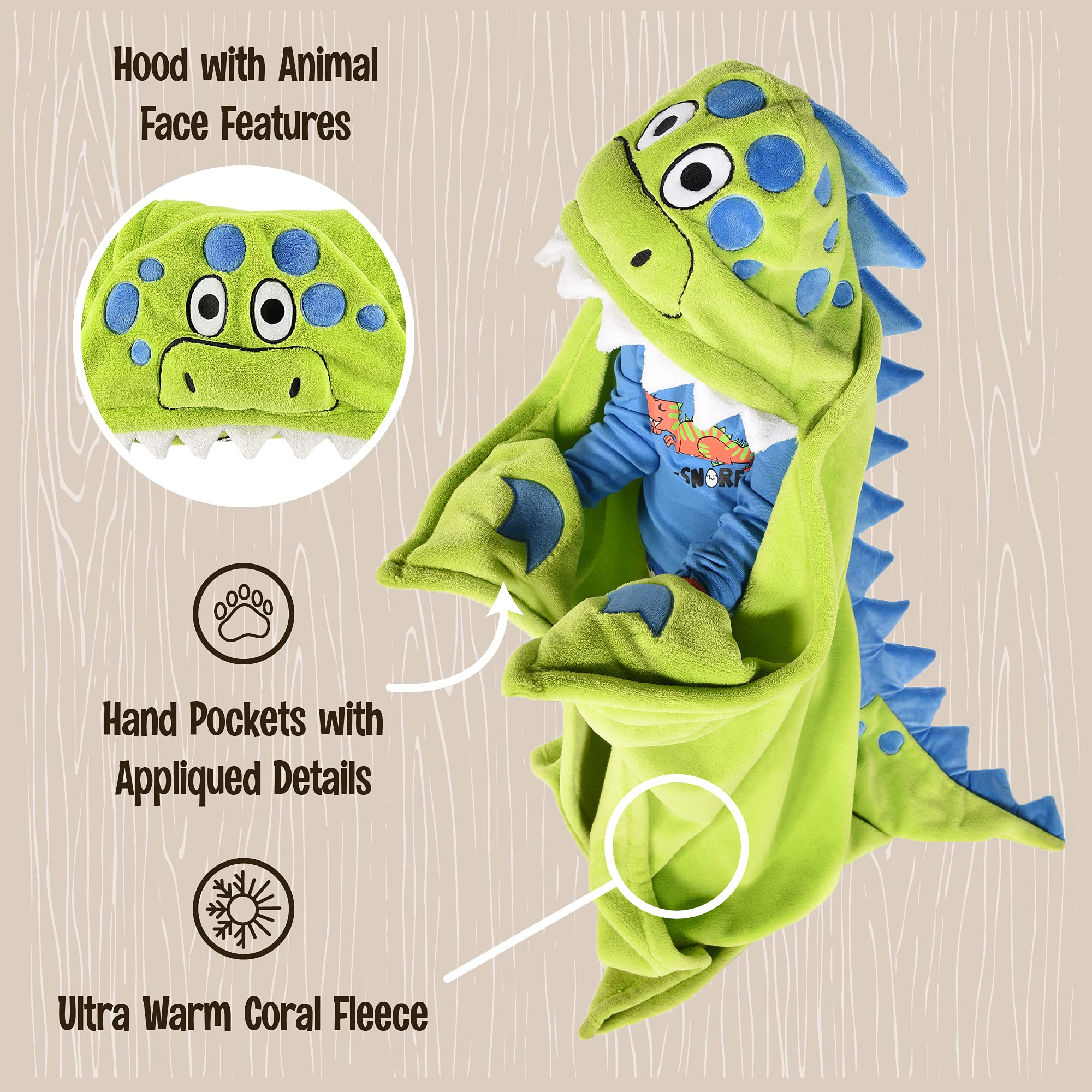 LazyOne Kids Wearable Blanket Hoodie - Soft Animal Hooded Fleece Blanket (Dinosaur Design) for Cozy Indoor Lounging, Movie Nights & Sleepovers
