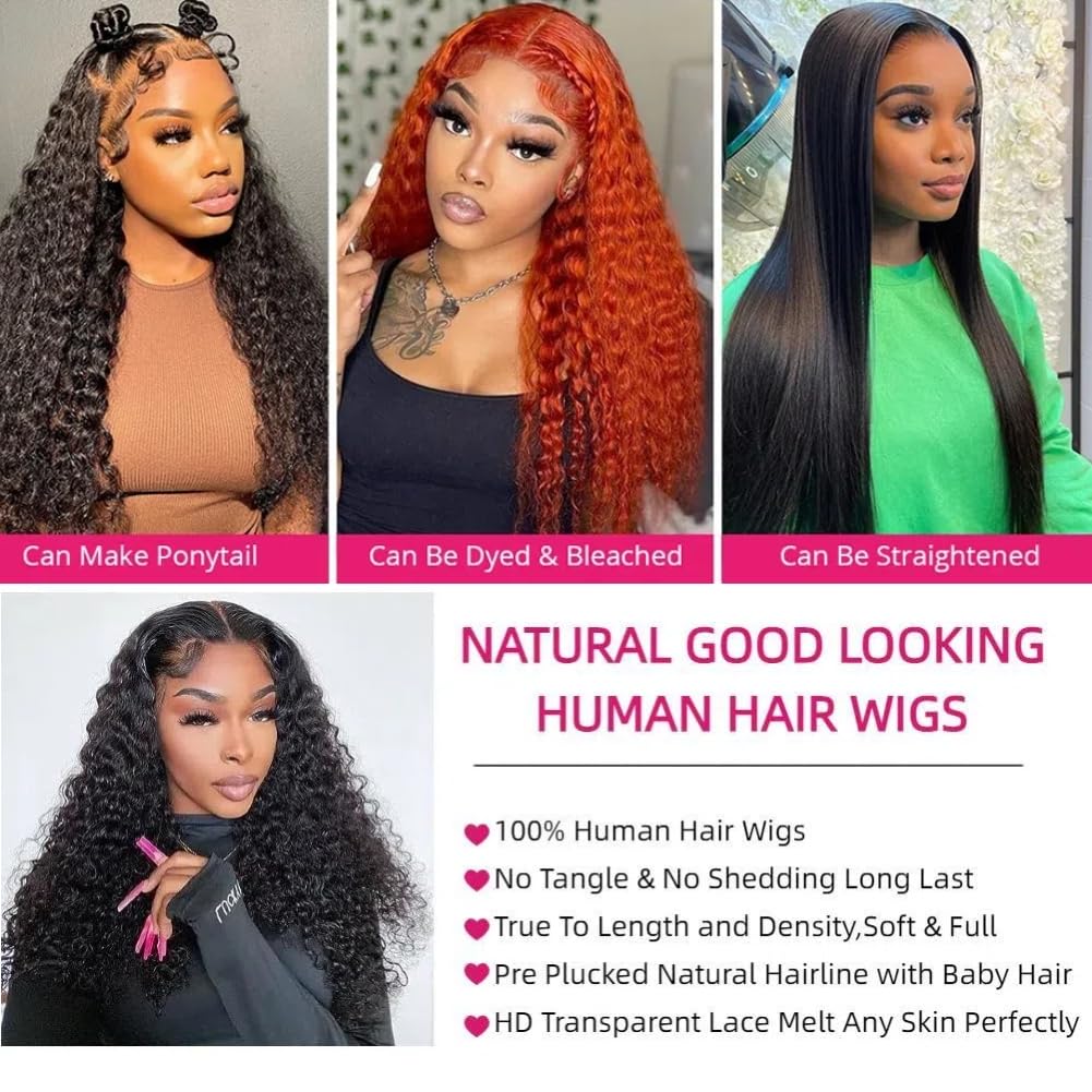 30 Inch Wet and Wavy Water Wave Lace Front Wigs - 100% Human Hair 13x4 HD Transparent Lace - 180% Density Deep Wave Wig - Pre-Plucked Glueless Curly Wig for Women - Perfect for Cosplay, Daily Wear & Special Occasions