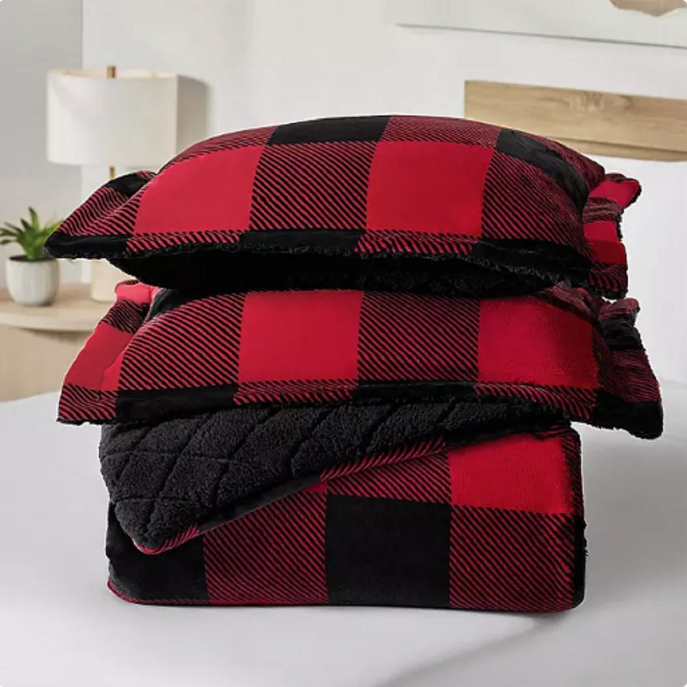 3 Piece Plush Comforter Set Queen Size - Soft Microfiber Bedding Set with Pillow Shams (Red/Black) for Cozy Bedroom Decor & Guest Room Essentials