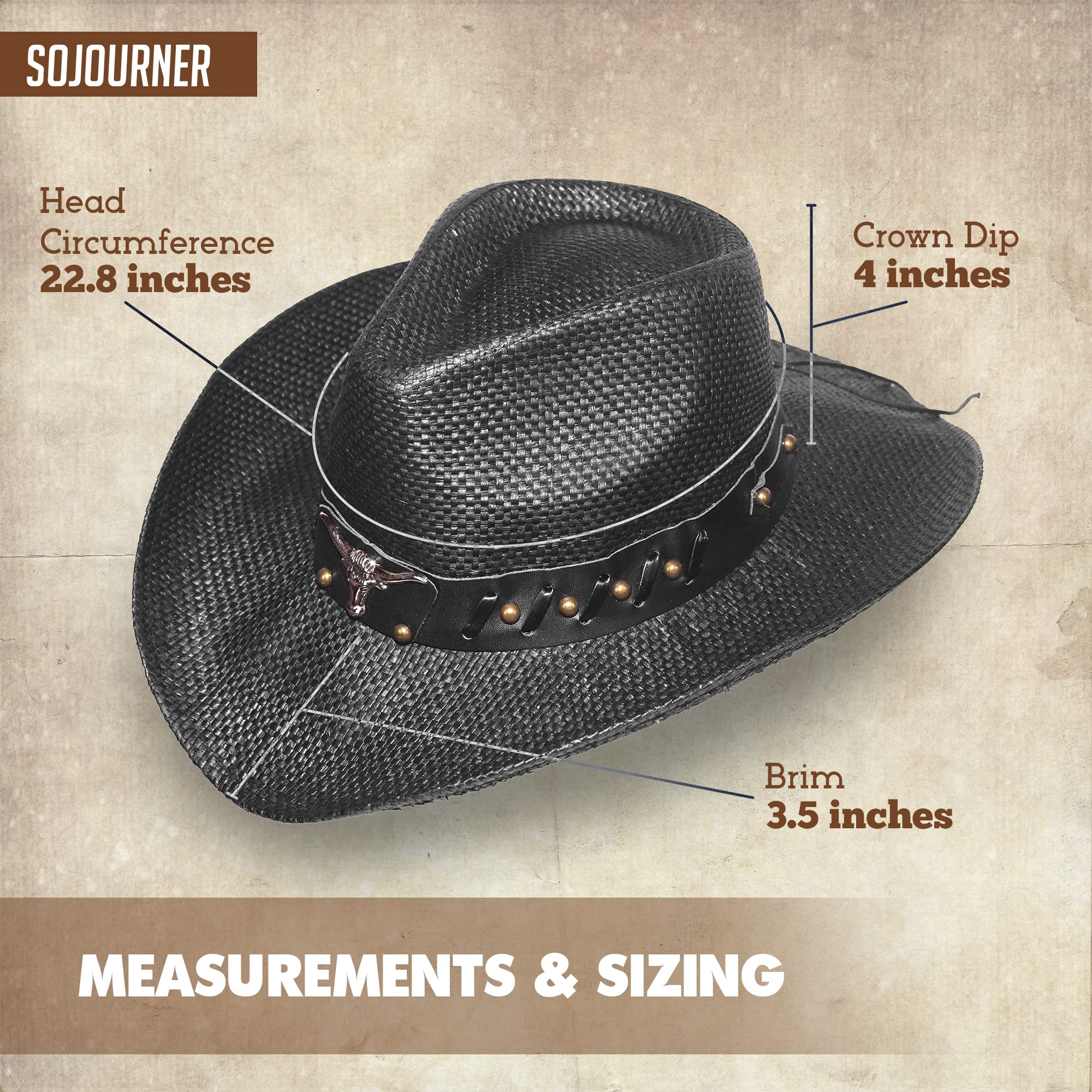SoJourner Adjustable Cowboy Hat for Men & Women - Wide Brim Western Cowgirl Hat with Chin Strap | Perfect for Rodeo, Country Music Festivals & Outdoor Sun Protection