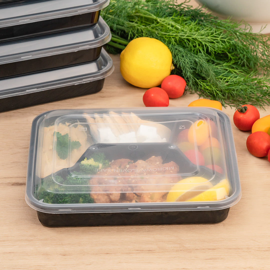34 oz Black Plastic 4-Compartment Meal Prep Containers with Clear Lids - Microwave Safe (8.75