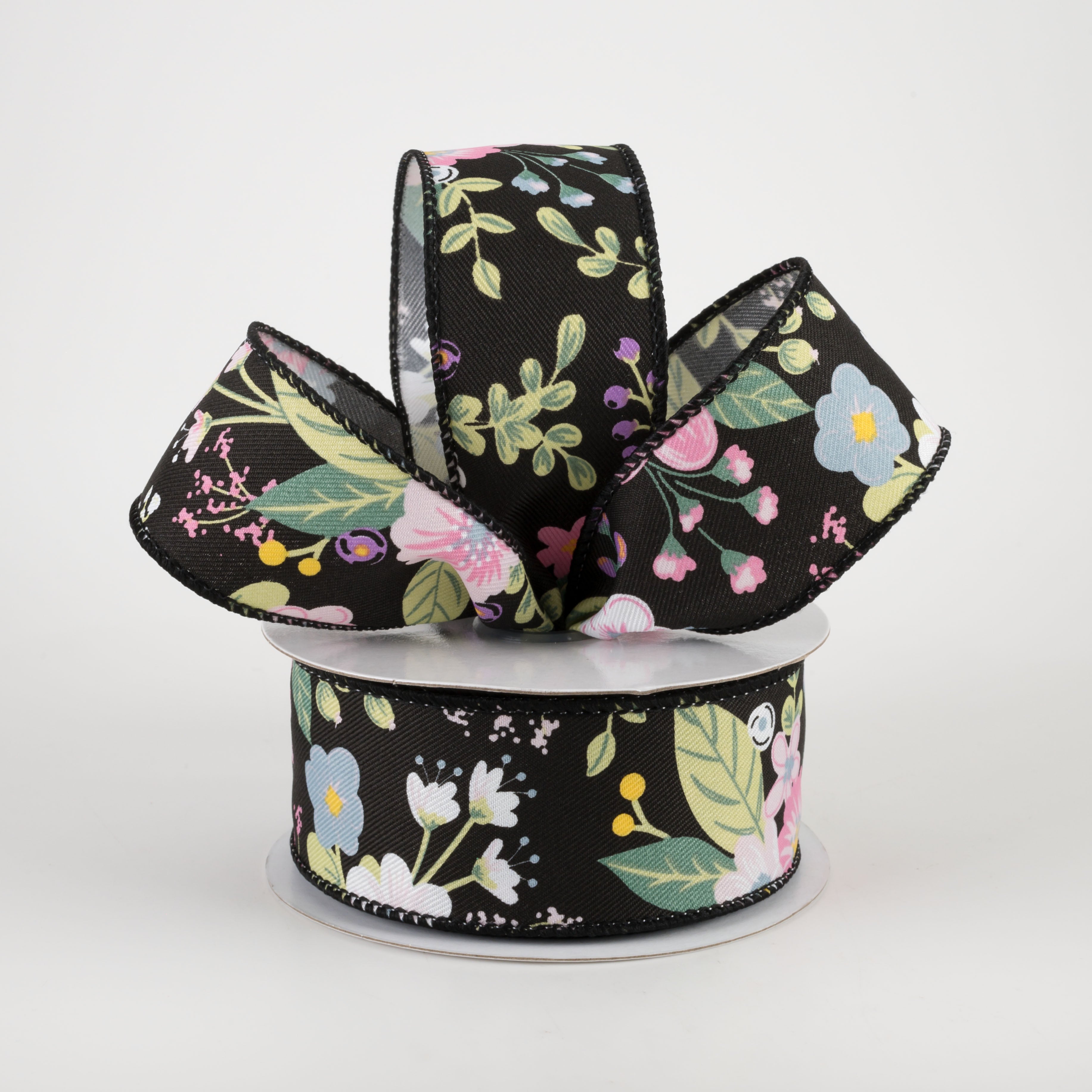 1.5 Inch Wide Black Floral Print Ribbon - 10 Yards Bulk Roll for Gift Wrapping, DIY Crafts, Hair Bows, and Party Decorations