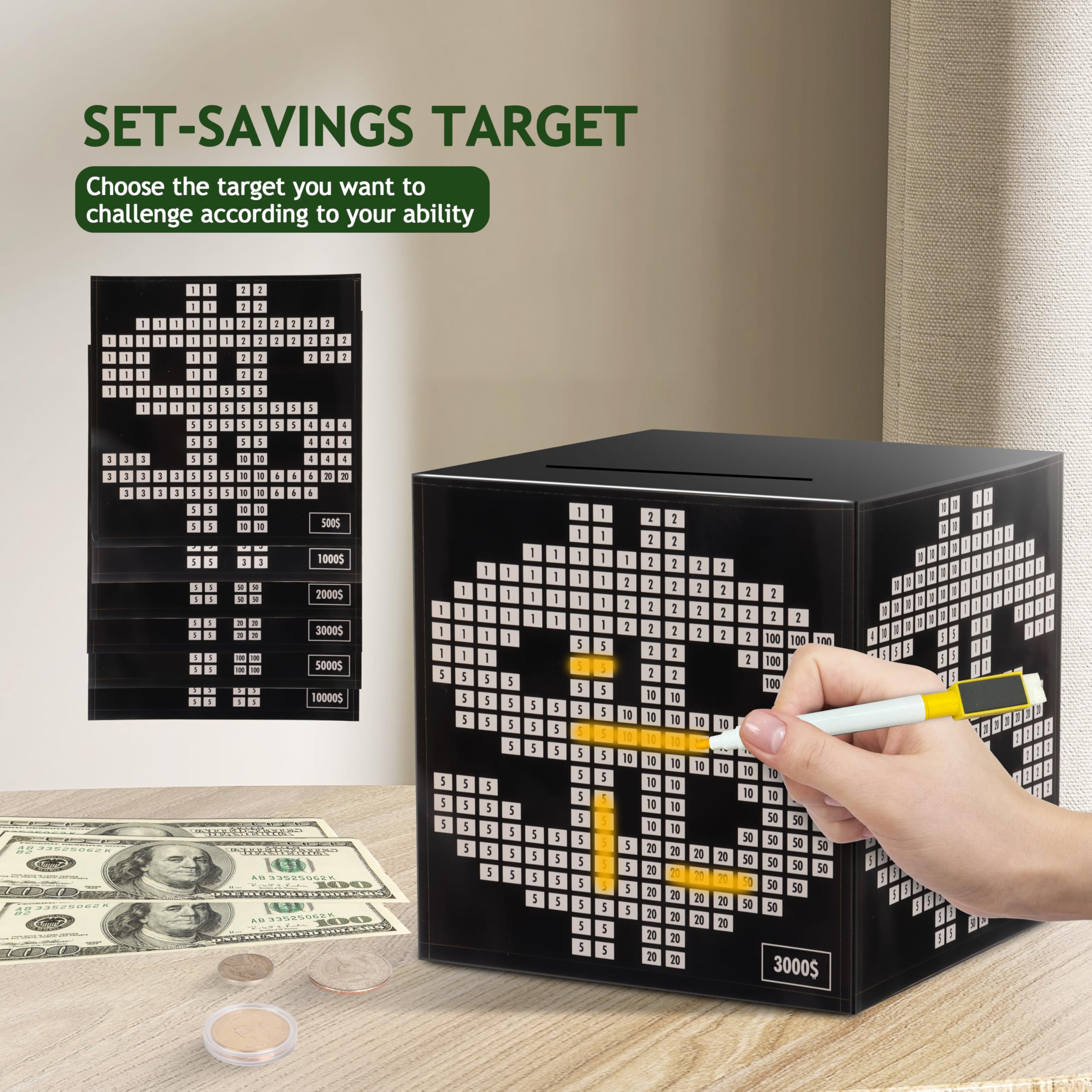 Primo Lines 10K Savings Challenge Box - Unbreakable Metal Piggy Bank for Adults with Counter, 4.72inch Money Saving Box for $3000/$5000 Goals - Perfect for Budgeting, Kakeibo Method & Financial Planning