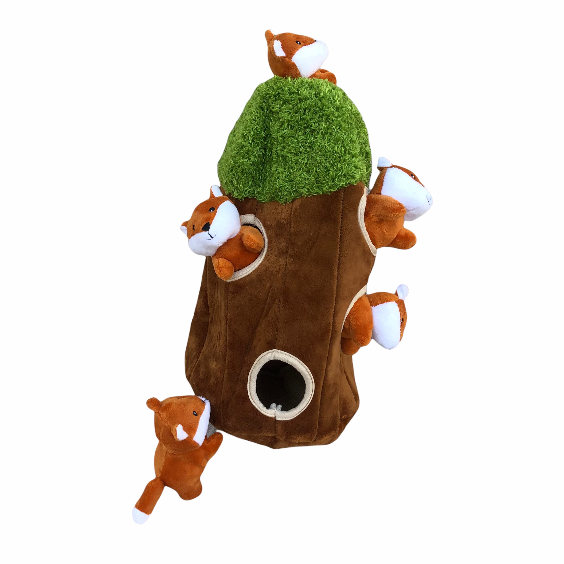 Interactive Plush Fox Hide and Seek Dog Toy with Squeaker - Fun Burrow Game for Small & Medium Dogs | Fox in Tree Trunk Design for Indoor Play & Training