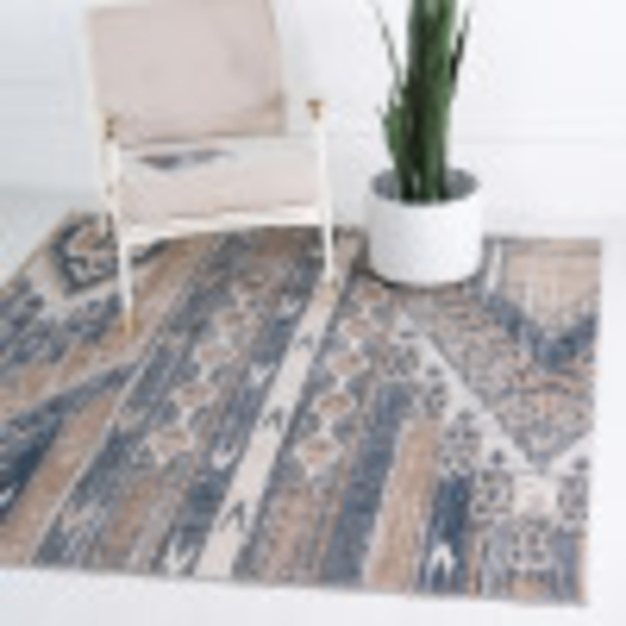 Unique Loom Portland Collection Southwestern Striped Area Rug - 8'x8' Square in Navy Blue/Tan - Perfect for Living Room, Bedroom & Boho Home Decor