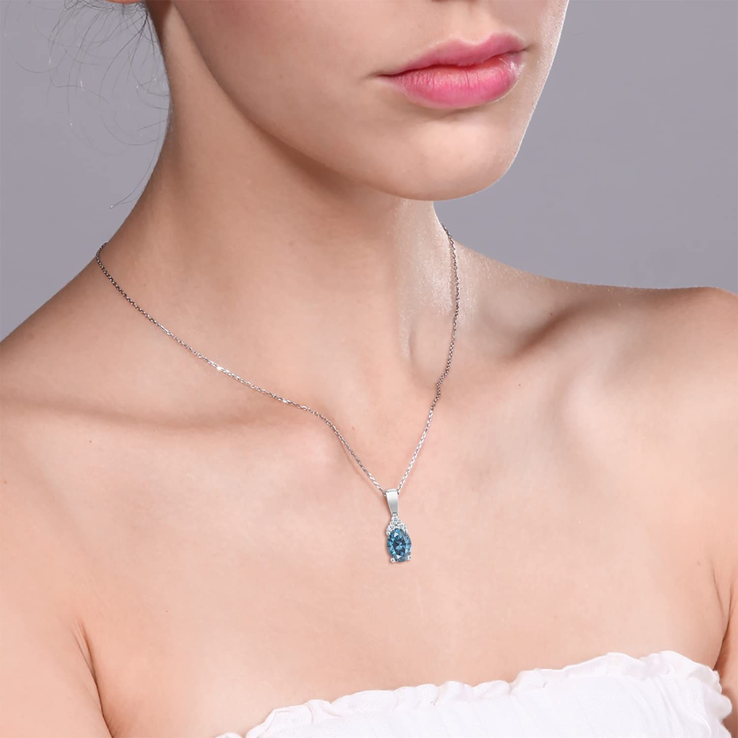 10K White Gold Oval Birthstone & Diamond Necklace for Women | 6x4mm Oval Gemstone Pendant with 18