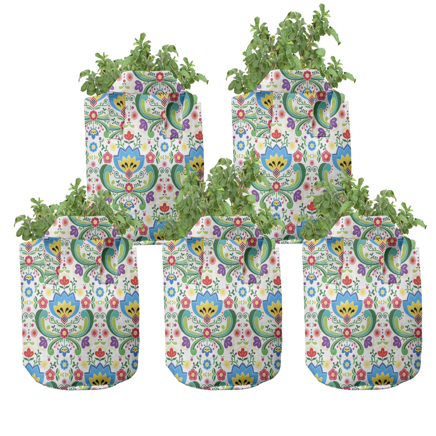 Ambesonne 5-Pack Heavy Duty Fabric Grow Bags with Handles - Tropical Rainforest Foliage Striped Design in Teal Grey - Perfect for Indoor/Outdoor Plants, Gardening, and Urban Farming