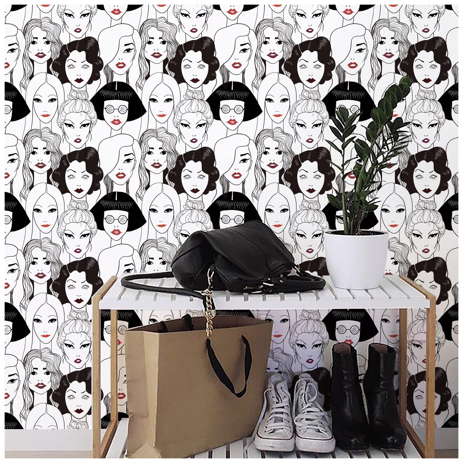 HAOKHOME Modern Peel and Stick Wallpaper - Black/White/Red Lips Design - Removable Self-Adhesive Vinyl Contact Paper 17.7in x 9.8ft - Perfect for Bedroom, Living Room, Office & Dorm Decor