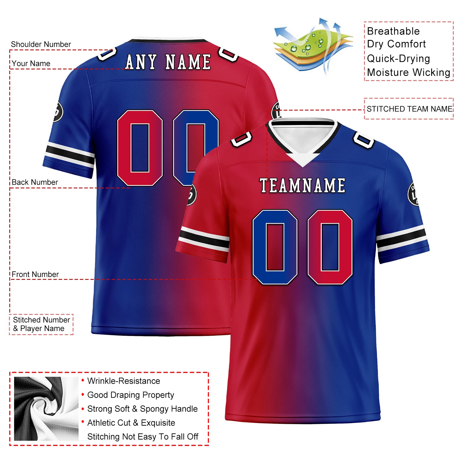Custom Blue & Red New York Personalized Authentic Football Jersey FBJ02 D028017 - Perfect for NFL Games, Tailgating & Fan Events