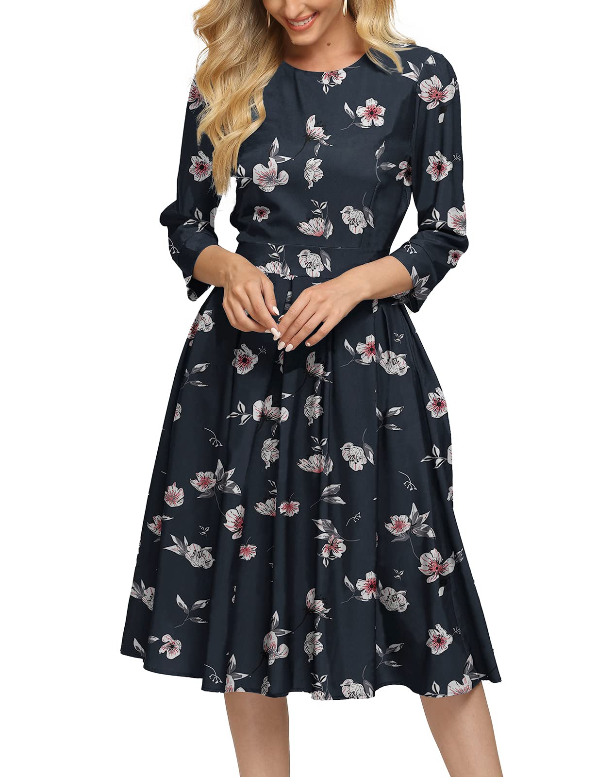 Vintage Floral Midi Dress for Women - Elegant 3/4 Sleeve Evening Gown | Perfect for Cocktail Parties, Weddings & Special Occasions