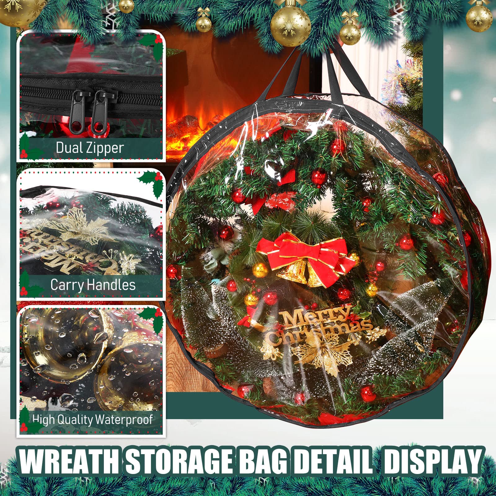 Shappy 30 Inch Christmas Wreath Storage Bags - Clear & Black Plastic Wreath Storage Containers with Dual Zippers & Handles for Artificial Holiday Wreaths (4-Pack) - Perfect for Xmas, Thanksgiving Decor Storage & Seasonal Organization