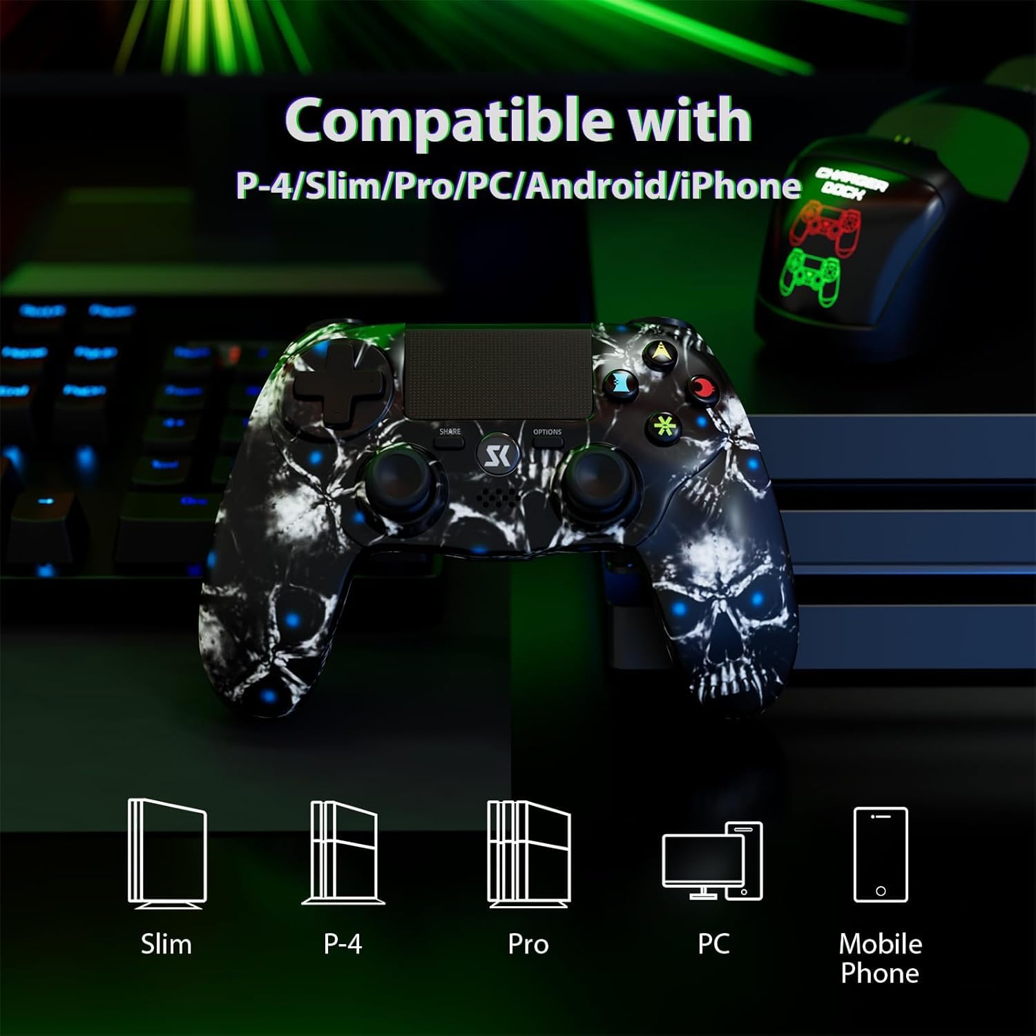Wireless PS4 Controller 2 Pack for Sony PlayStation 4/Slim/Pro - DualShock Gamepad with Motion Sensor, Vibration, Touch Pad, Built-in Speaker & 3.5mm Audio Jack - Long Battery Life for Gaming, Streaming & Multiplayer Sessions