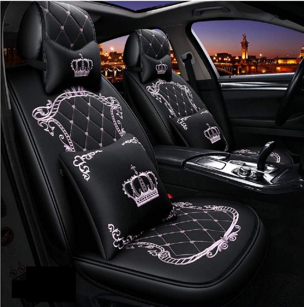 Skysep Crown Universal Fit 5-Seat Waterproof Leather Car Seat Covers Set - Adjustable & Removable Auto Seat Protector with 2 Lumbar Support Pillows & 2 Headrest Pillows (Black/Pink) - Perfect for SUVs, Sedans & Family Vehicles