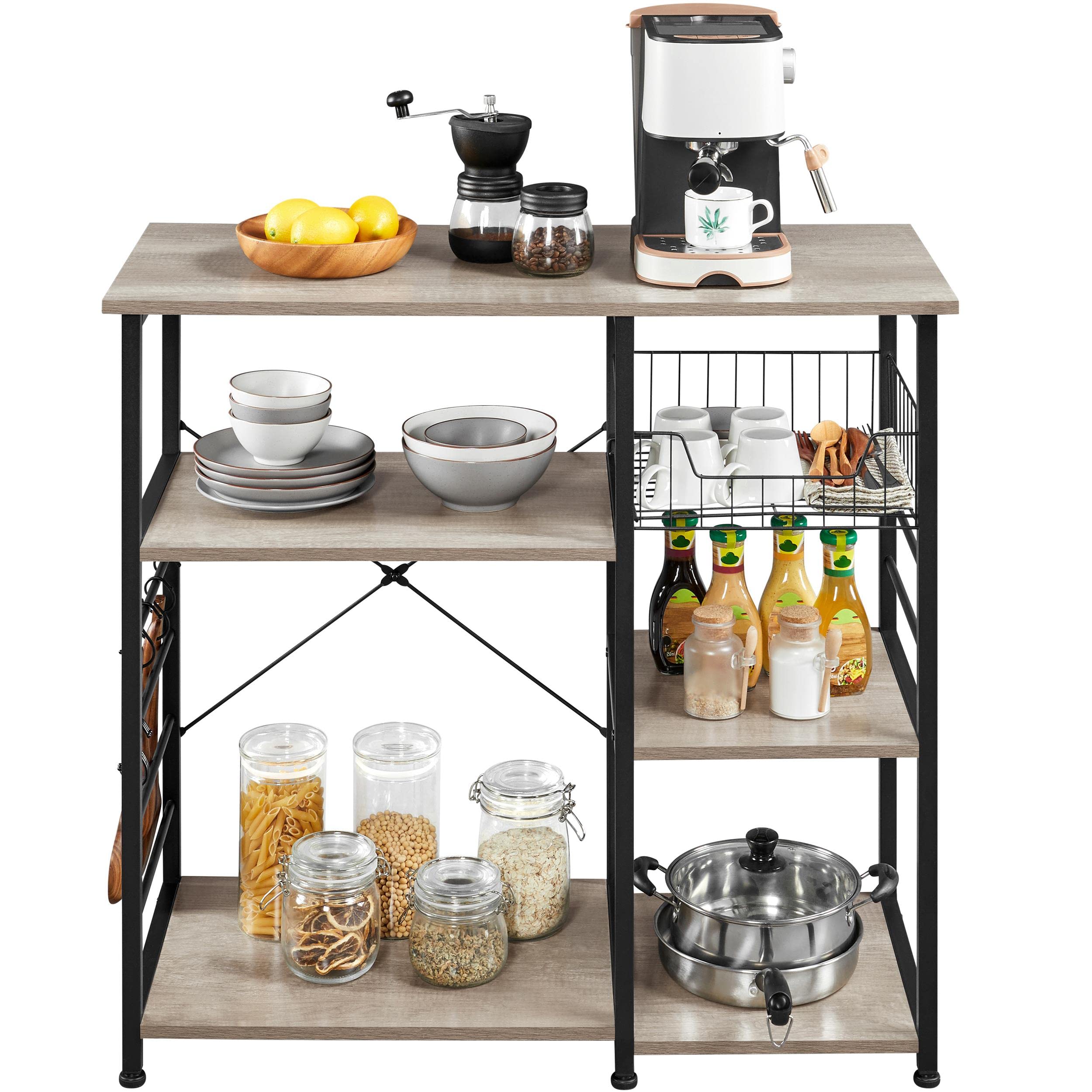 Yaheetech 4-Tier Industrial Kitchen Storage Shelf - Heavy Duty Metal Utility Rack with 6 S-Hooks for Microwave, Coffee Bar, Baker Station & Kitchen Island Organization, Gray - Perfect for Small Spaces & Home Organization