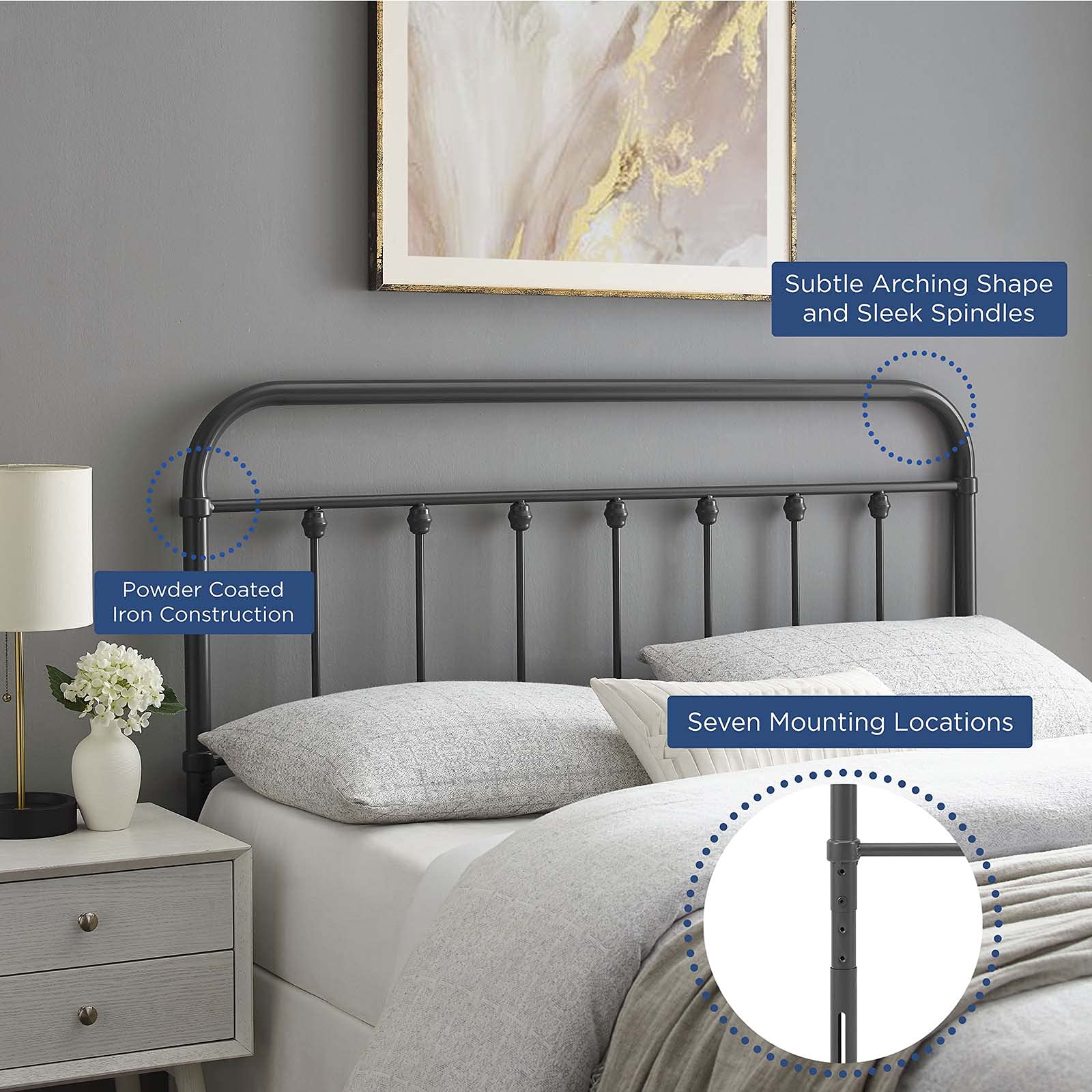 Full Size Metal Headboard - Modern Contemporary Urban Design in Grey - Perfect for Master Bedroom, Guest Suite & Urban Apartment Decor