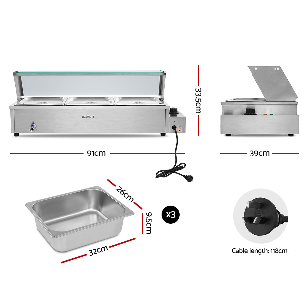 Devanti Commercial Food Warmer - 3 Electric Buffet Pans with Adjustable Temperature Control | Professional Bain Marie for Restaurants, Catering & Buffet Service | Keep Food Warm for Hours at Events, Parties & Cafeterias