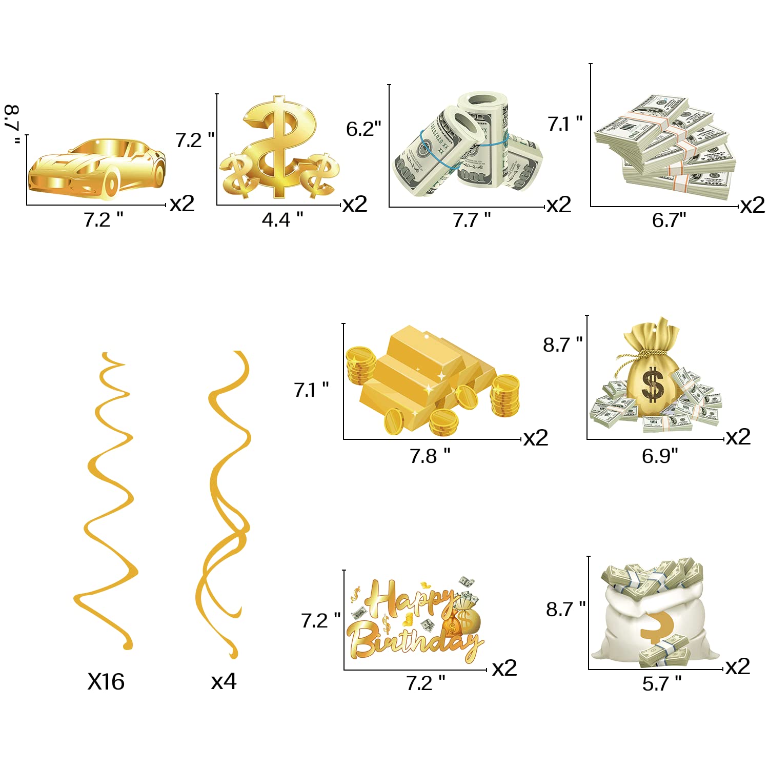 30Pcs Fully-Assembled Money Birthday Party Decorations - Gold Dollar Bill Ceiling Swirls for Casino Theme, Adult Birthday & Special Events - Perfect for Casino Nights, Dollar Themed Parties & Festive Celebrations