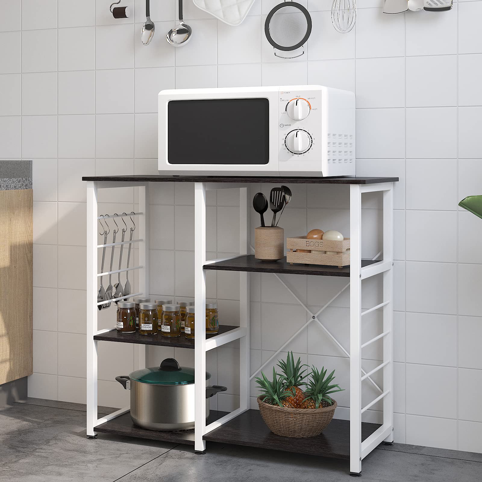 SogesGame Kitchen Bakers Rack with Storage - 3-Tier Microwave Stand, Coffee Station & Utility Cart - Perfect for Small Kitchen, Pantry Organization & Dining Room Storage - Black