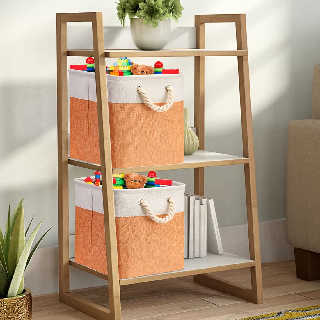 i BKGOO 3-Pack Large Foldable Storage Bins | Collapsible Fabric Organizer Baskets with Cotton Handles | 13×13×13 Inch Beige-Orange | Perfect for Home, Office, Shelf, Clothes & Toys Organization