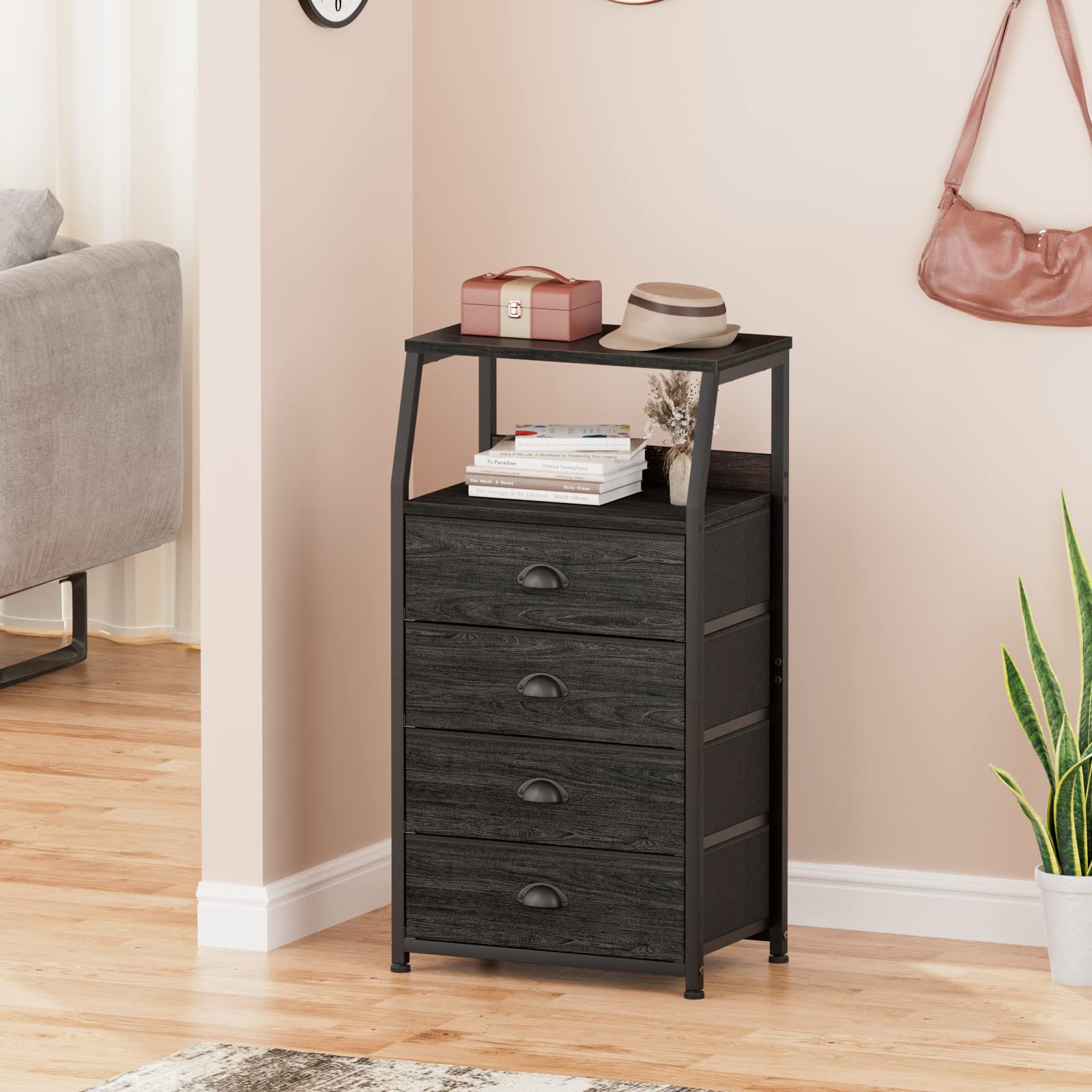 Furnulem Tall 4 Drawer Dresser - Vertical Storage Tower Organizer with Sturdy Steel Frame & Wood Top for Bedroom, Hallway, Entryway, Nursery | Space-Saving Closet & Nightstand Solution for Small Rooms & Apartments