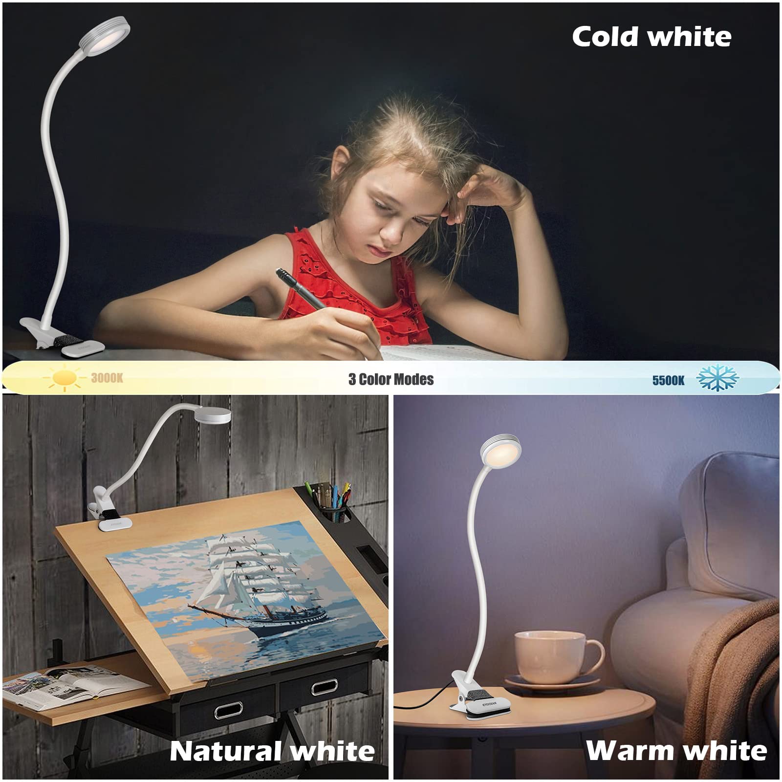 Adjustable LED Desk Lamp with 3 Lighting Modes & 9 Dimming Levels - Flexible Clamp Reading Light for Bed Headboard, Office, Study - Perfect for Night Reading, Working & Bedroom Decor