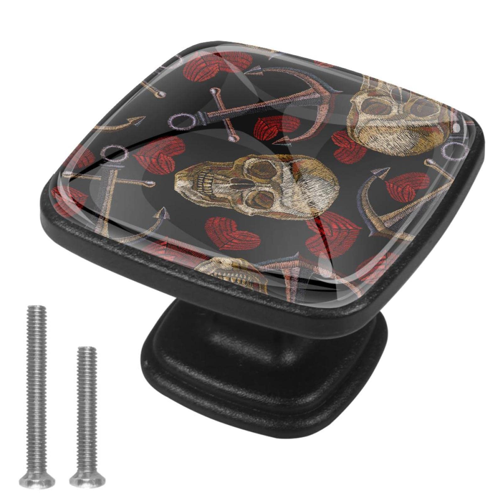 4-Piece Skull Love Anchor Crystal Glass Drawer Knobs - 30mm Square Cabinet Pulls for Kitchen, Dresser, Wardrobe & Cupboard - Ergonomic Furniture Handles for Easy Opening & Stylish Home Decor