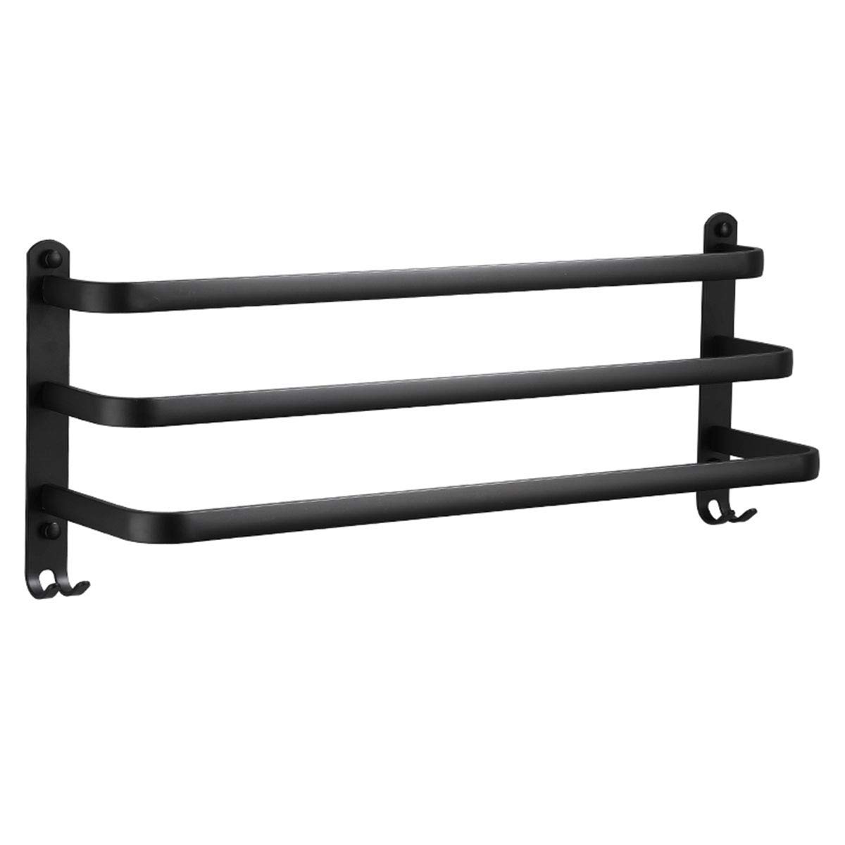 3-Tier Wall Mounted Towel Rack Holder - 30Cm No-Drill Bathroom Towel Rail with Hooks - Space Saving Black Aluminum Towel Bar for Bathroom, Kitchen, Laundry Room - Perfect for Organizing Towels, Robes & Shoes