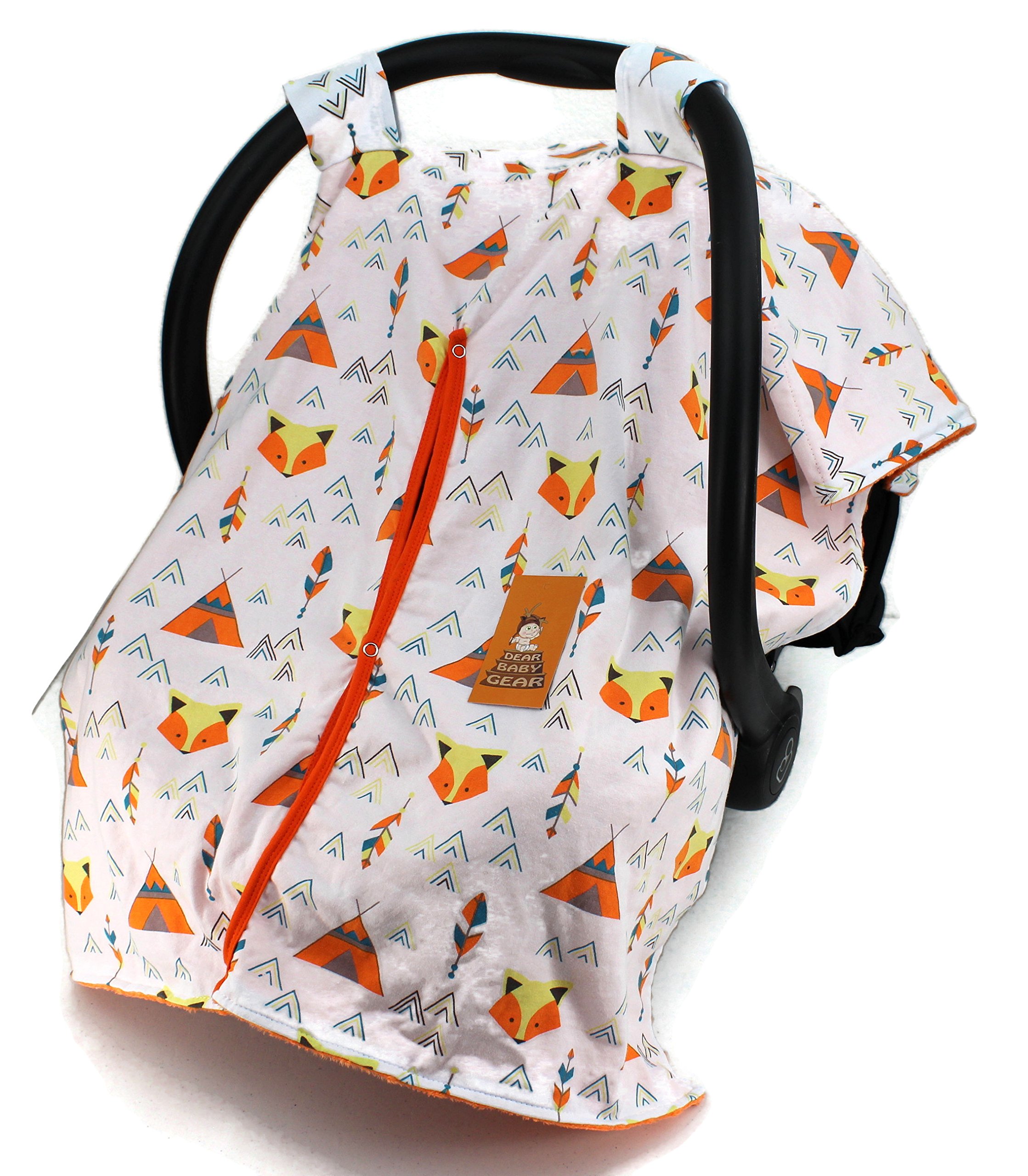 Dear Baby Gear Car Seat Canopy - Fox & Teepees Design, Soft Orange Minky Fabric for Infant Car Seat Cover - Perfect for Strollers, Travel & Outdoor Protection